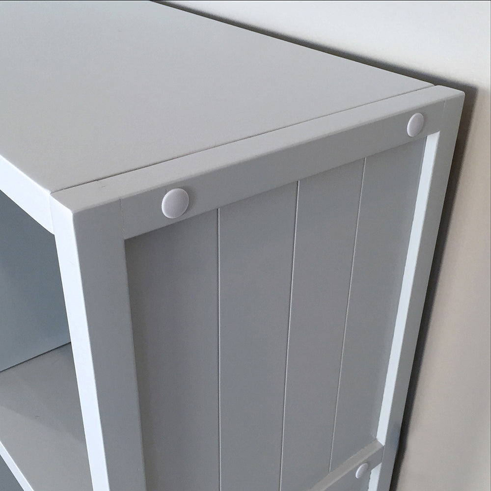 closeup details of the wainscot side of a grey 9 cube organizer
