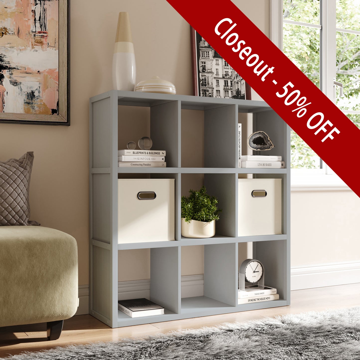 grey 9 cube organizer in living room 