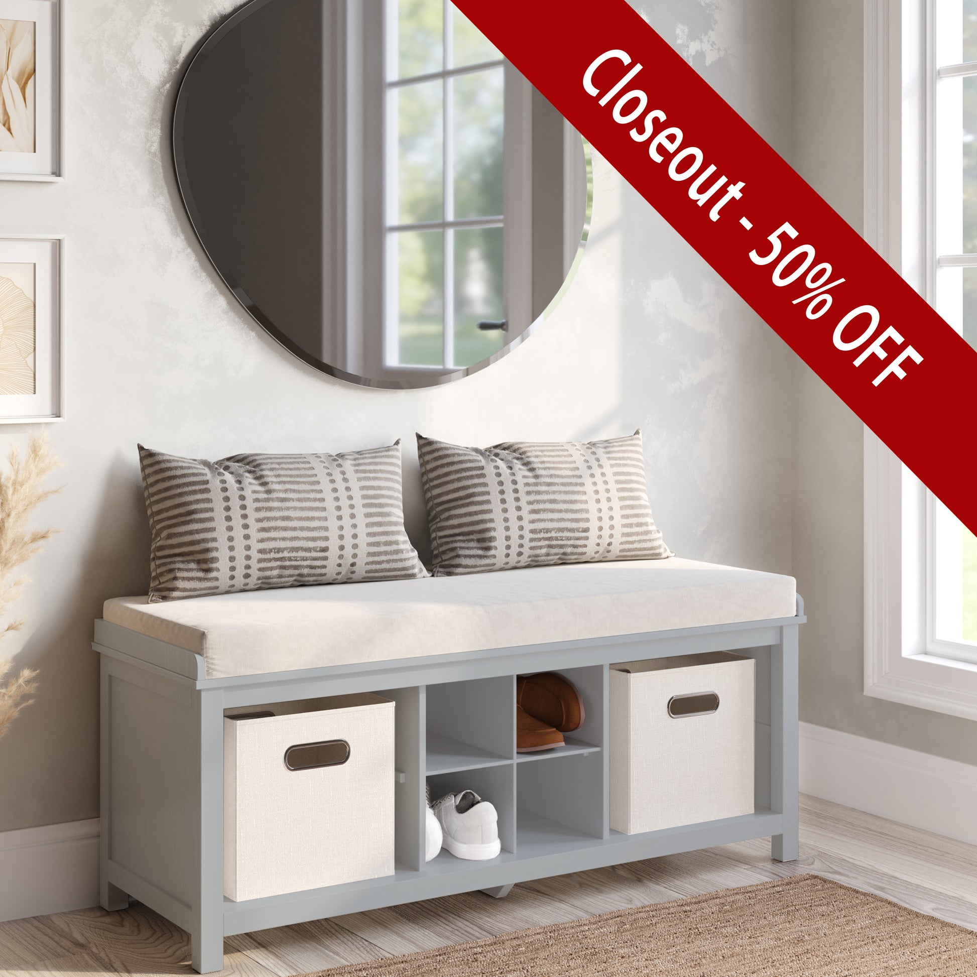 grey entryway storage bench with two bins placed in foyer