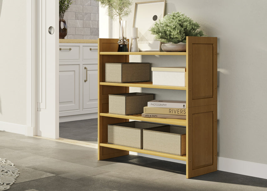 solid wood stackable shelving and shoe rack features
