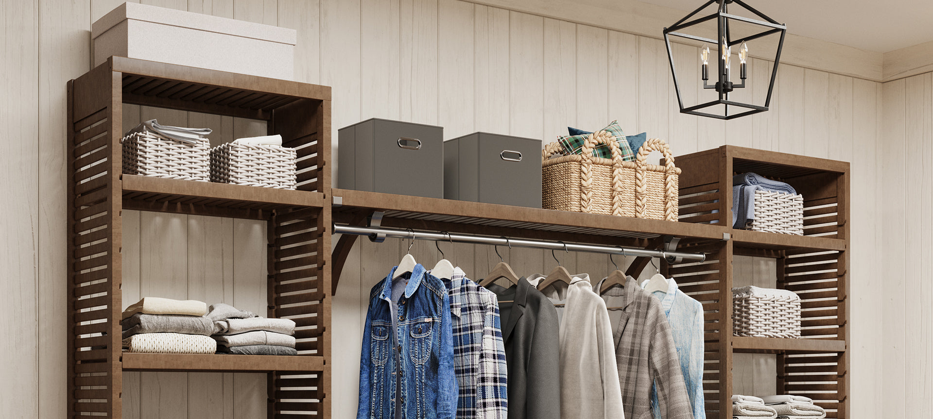 closeup of chestnut storage towers connected with a shelf in an home entryway